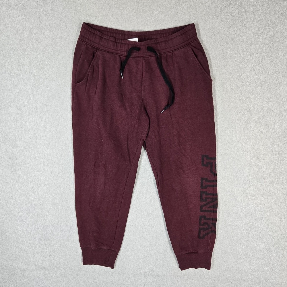 PINK Victoria's Secret Women Sweatpants L Burgundy Jogger Fleece Logo READ